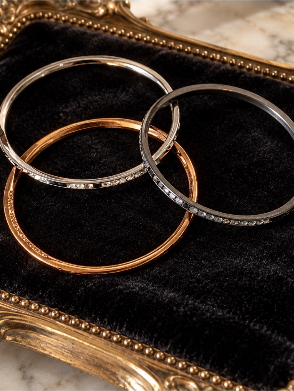 Set of Three Stamped Swarovski Crystal Bangles – Mixed Metal Tones